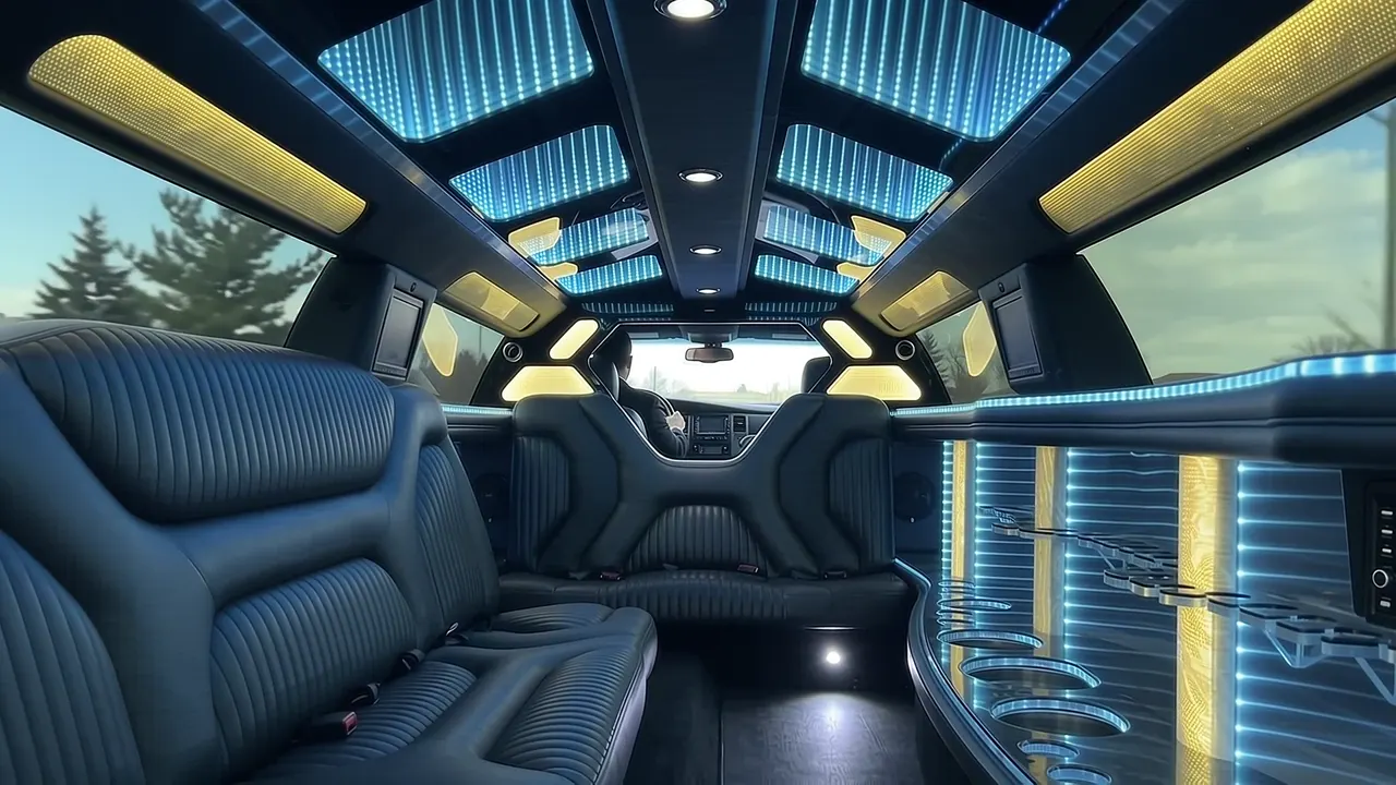 Inside the Dodge Charger limo in Keystone: LED light-show ceiling, leather lounge seating and lit bar