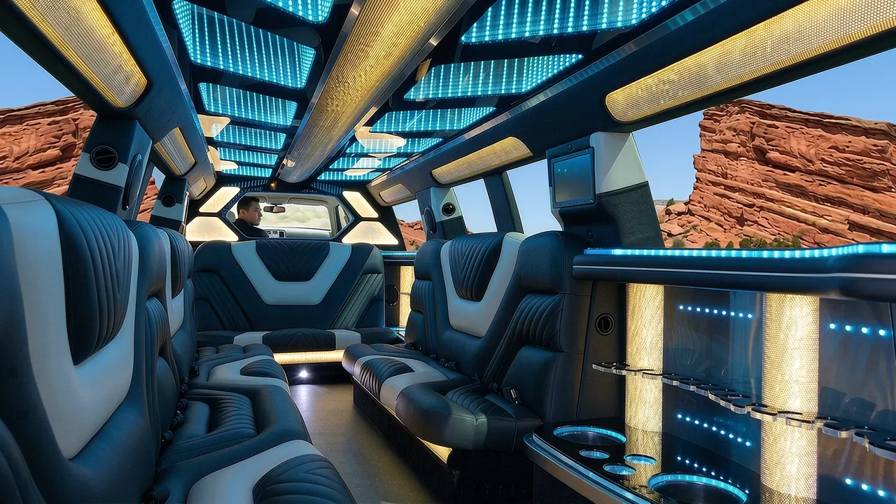 Inside the Mercedes GLS limo in Keystone: LED light-show ceiling, leather lounge seating and lit bar